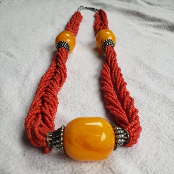 Faux Egg Yolk Amber African Trade Beads Necklace - Picture 1 of 5